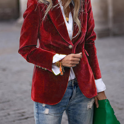 Elegant Dames Blazer I Grøn Fløjl - Tidsløs Stil Med Enkel Knaplukning