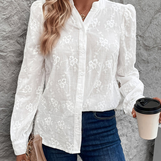 Elegant Kanten Bluse - Langærmet, Blødt Materiale med Delikate Broderier