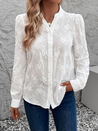 Elegant Kanten Bluse - Langærmet, Blødt Materiale med Delikate Broderier