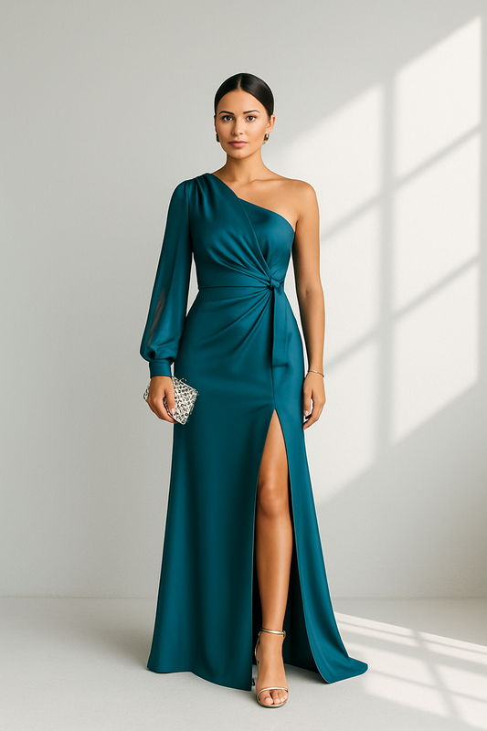 Elegant One-Shoulder Jurk Med Draperede Detaljer Til Festlige Anledninger