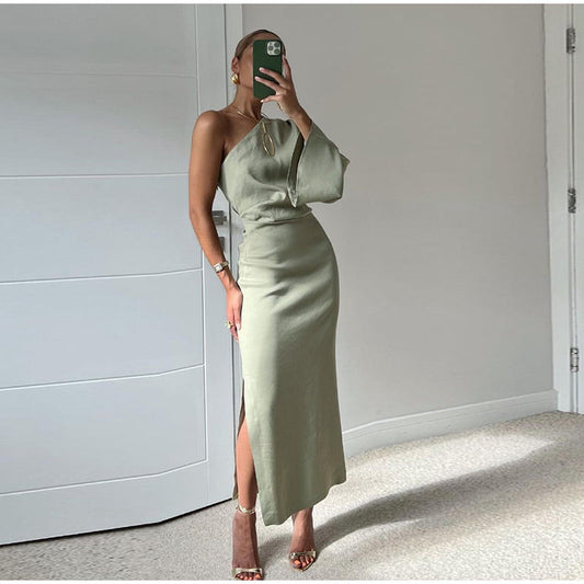 Elegant One-Shoulder Maxi Kjole i Frisk Grøn - Komfortabel Pasform & Moderne Design