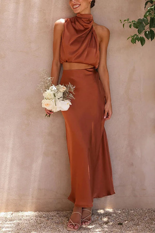 Elegant Satijn Halter Maxi Kjole - Luksuriøs Sommerkjole til Bryllupper