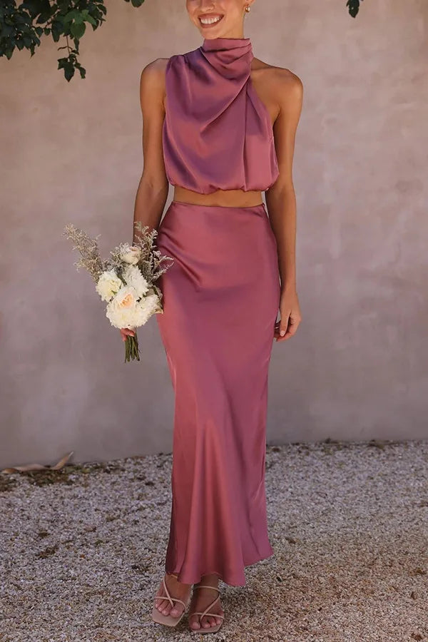 Elegant Satijn Halter Maxi Kjole - Luksuriøs Sommerkjole til Bryllupper