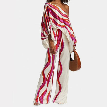 Elegant Satin Sæt til Damer - Off-Shoulder Top med Unikt Mønster og Luksuriøs Glans