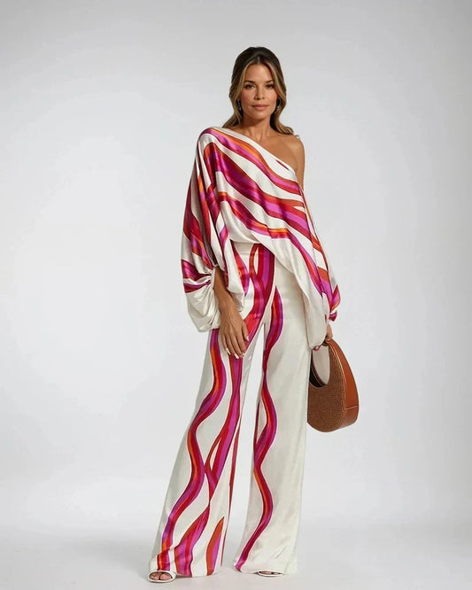 Astrid- Elegant Silke One-Shoulder Top Med Bred Ben High Waist Bukser Til Kvinder