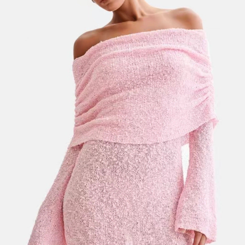Elegant Off-Shoulder Strandkjole - Slank Pasform, Lange Ærmer, Letvægts Materiale