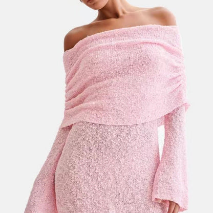 Elegant Off-Shoulder Strandkjole - Slank Pasform, Lange Ærmer, Letvægts Materiale