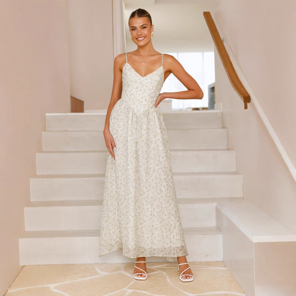 Elegant Maxi Kjole - Blomsterprint, Mouwløs V-Hals, Udfoldet Nederdel til Damer
