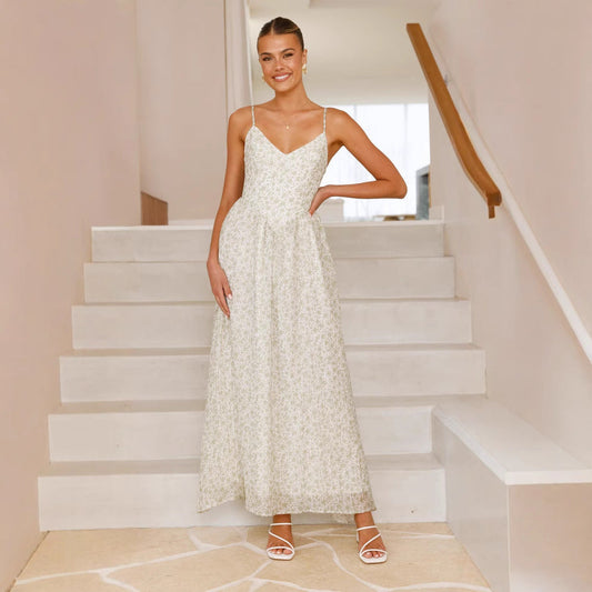 Elegant Maxi Kjole - Blomsterprint, Mouwløs V-Hals, Udfoldet Nederdel til Damer