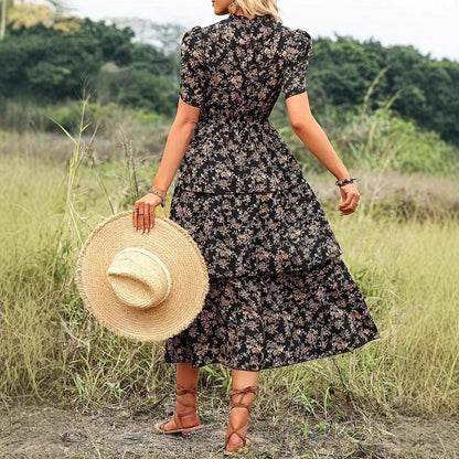 Elegante Midi-Jurk Med Blomsterprint Og Puffmouw - Flatterende Design Og Gedefineret Talje