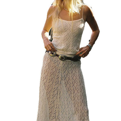 Elegant Boho Midi Kjole med Hæklet Kant og Spaghetti Stropper til Kvinder