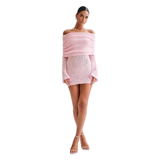 Elegant Off-Shoulder Strandkjole - Slank Pasform, Lange Ærmer, Letvægts Materiale