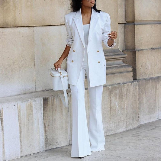 Elegant Blazer Sæt Dame - Afslappet Pasform med Bred Bukse til Stilfulde Anledninger