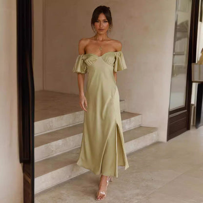 Elegant Midi-Jurk til Kvinder - Slank Pasform med Off-Shoulder Design og V-Back