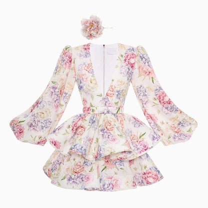 Elegant Blomster Mini-Jurk Med Dybt V-Hals Og Lagdelt Skørt Til Kvinder