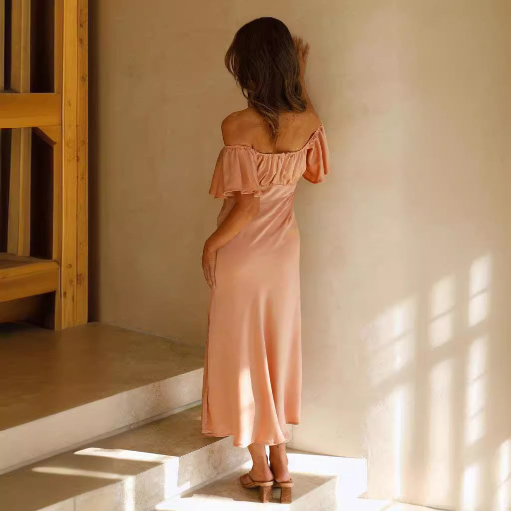 Elegant Midi-Jurk til Kvinder - Slank Pasform med Off-Shoulder Design og V-Back