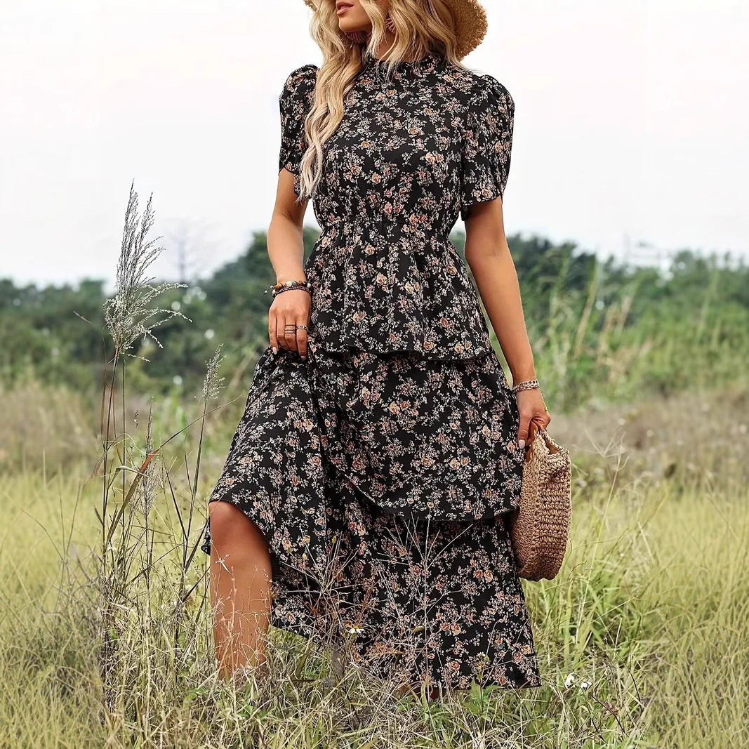 Elegante Midi-Jurk Med Blomsterprint Og Puffmouw - Flatterende Design Og Gedefineret Talje