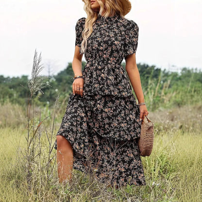 Elegante Midi-Jurk Med Blomsterprint Og Puffmouw - Flatterende Design Og Gedefineret Talje