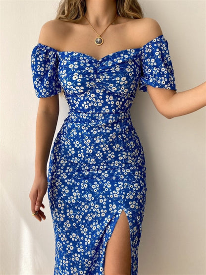 Elegant Off-Shoulder Midi-Jurk med Ruches og Puffmouwen til Kvinder