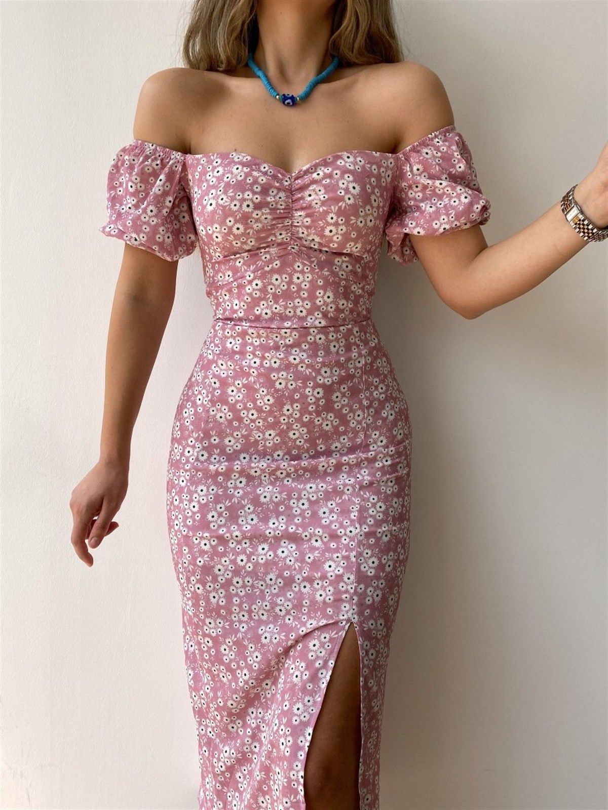 Variant image for Elegant Off-Shoulder Midi-Jurk med Ruches og Puffmouwen til Kvinder-5
