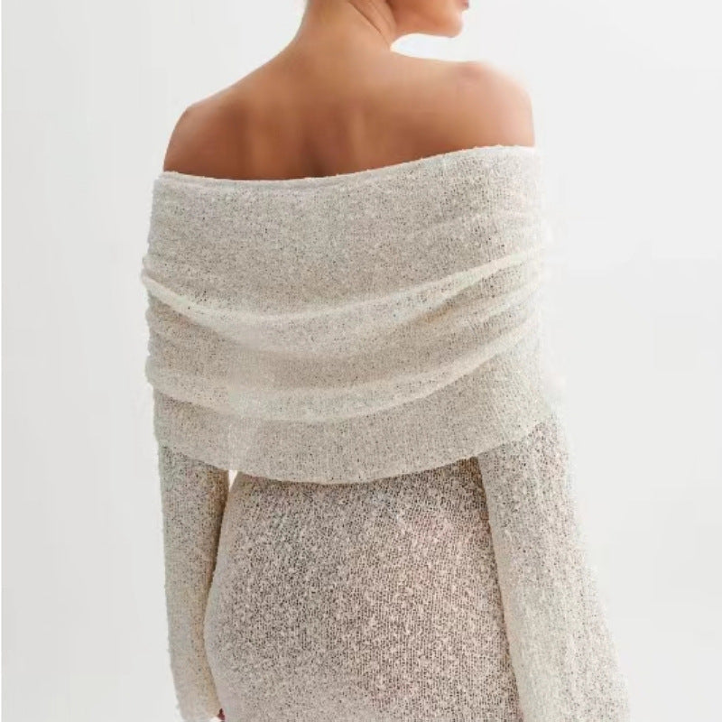 Elegant Off-Shoulder Strandkjole - Slank Pasform, Lange Ærmer, Letvægts Materiale