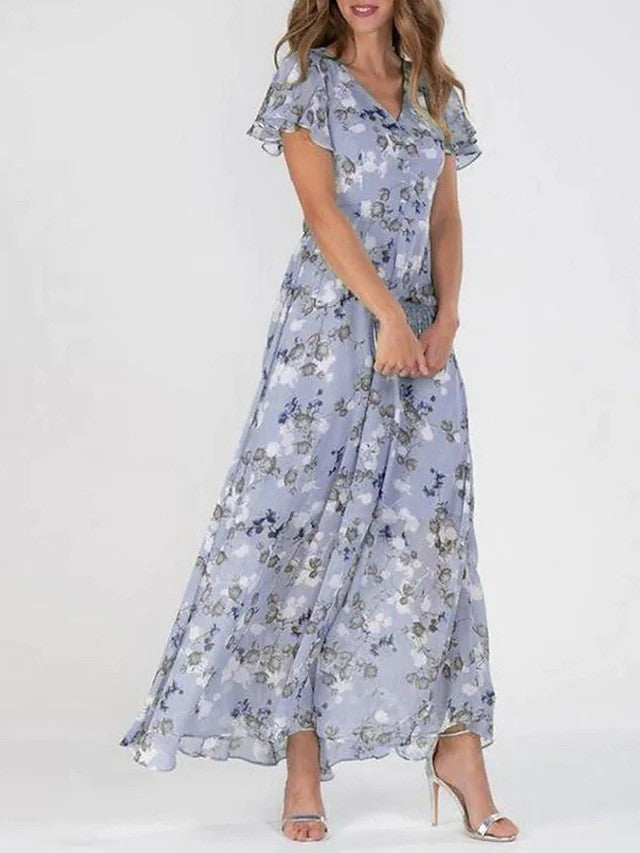 Variant image for Elegant Maxi Kjole Med Blomsterprint Og V-Hals - Tidløs Kjole Maxi Til Enhver Anledning-21