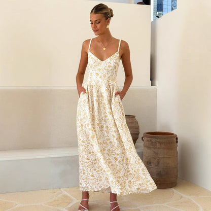 Elegant Maxi Kjole - Blomsterprint, Mouwløs V-Hals, Udfoldet Nederdel til Damer