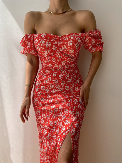 Elegant Off-Shoulder Midi-Jurk med Ruches og Puffmouwen til Kvinder