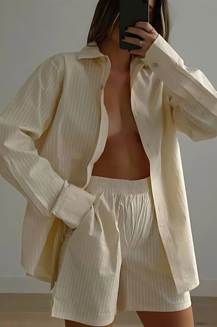Variant image for Monika - Stribet Sommersæt med Elastiske Shorts og Bluse i Høj Kvalitet-9