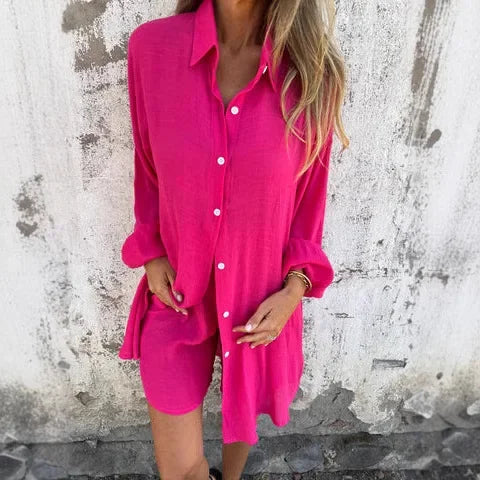 Nora Casual Bluse og Shorts Sæt - Let, Løstsiddende, Krølfri Materiale
