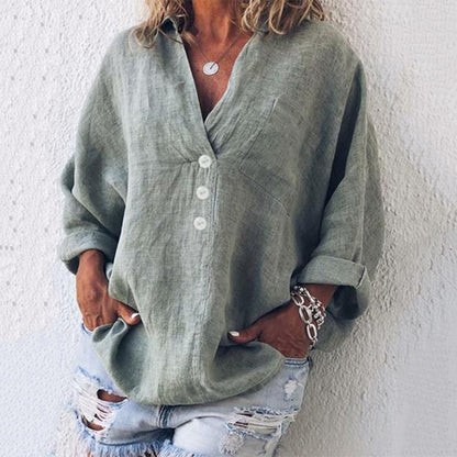 Elegance-Urban - Oversized Linned Skjorte Med V-Hals og Knaplukning