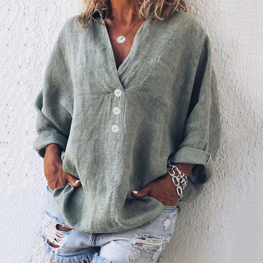Elegance-Urban - Oversized Linned Skjorte Med V-Hals og Knaplukning