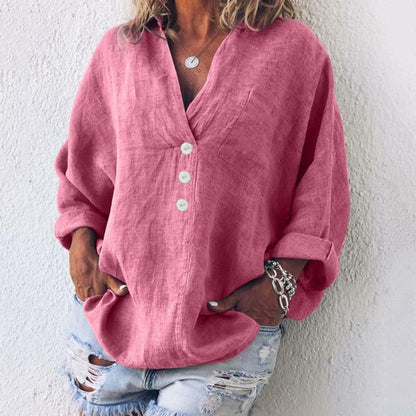 Elegance-Urban - Oversized Linned Skjorte Med V-Hals og Knaplukning
