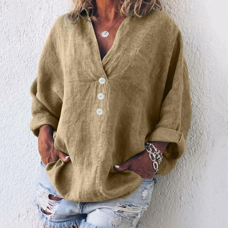 Elegance-Urban - Oversized Linned Skjorte Med V-Hals og Knaplukning