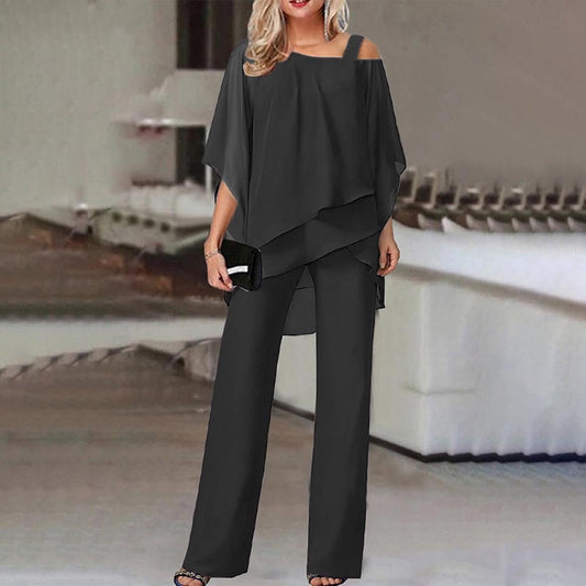 Maja - Kold Skulder Top og Brede Bukser i Chiffon