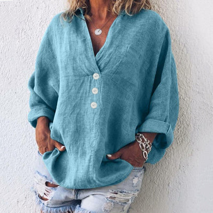 Elegance-Urban - Oversized Linned Skjorte Med V-Hals og Knaplukning