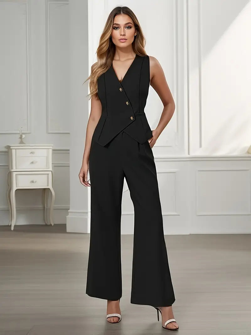 Elegant Kvinders Slim Fit Skræddersyet Vest og Bred Ben Bukser Sæt - Komfortabelt og Alsidigt Design