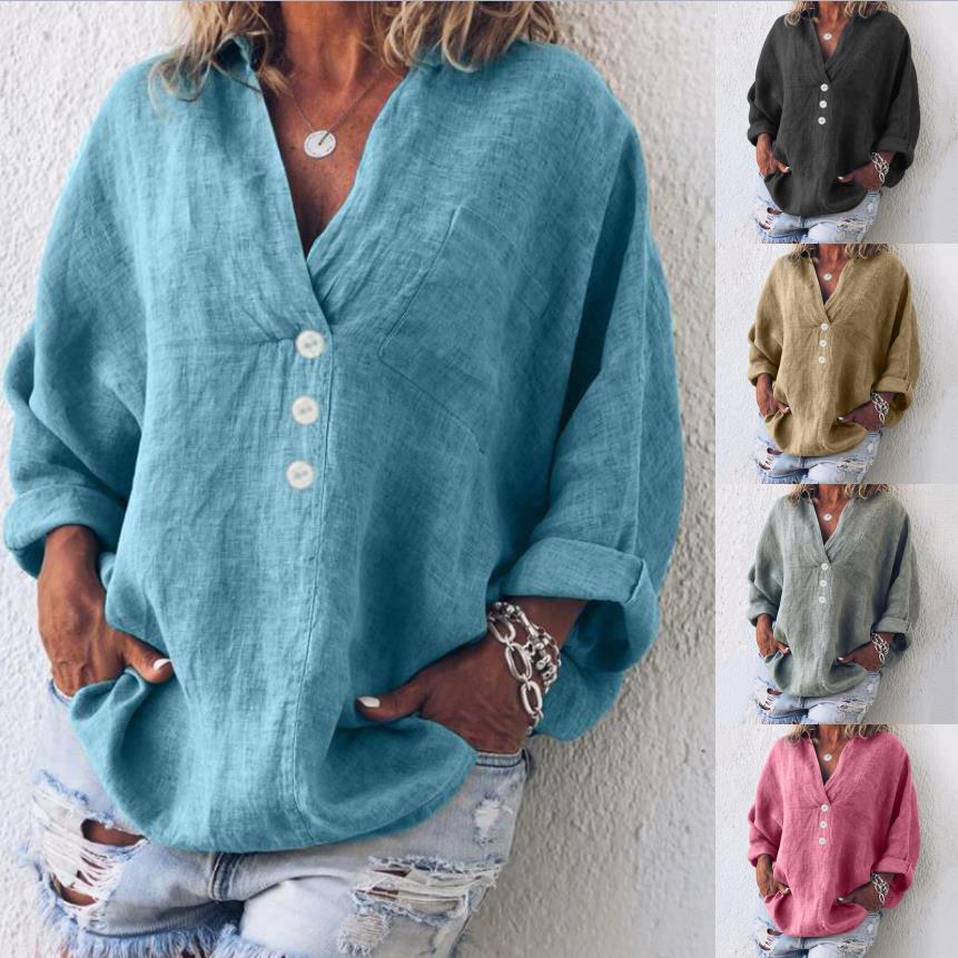 Elegance-Urban - Oversized Linned Skjorte Med V-Hals og Knaplukning