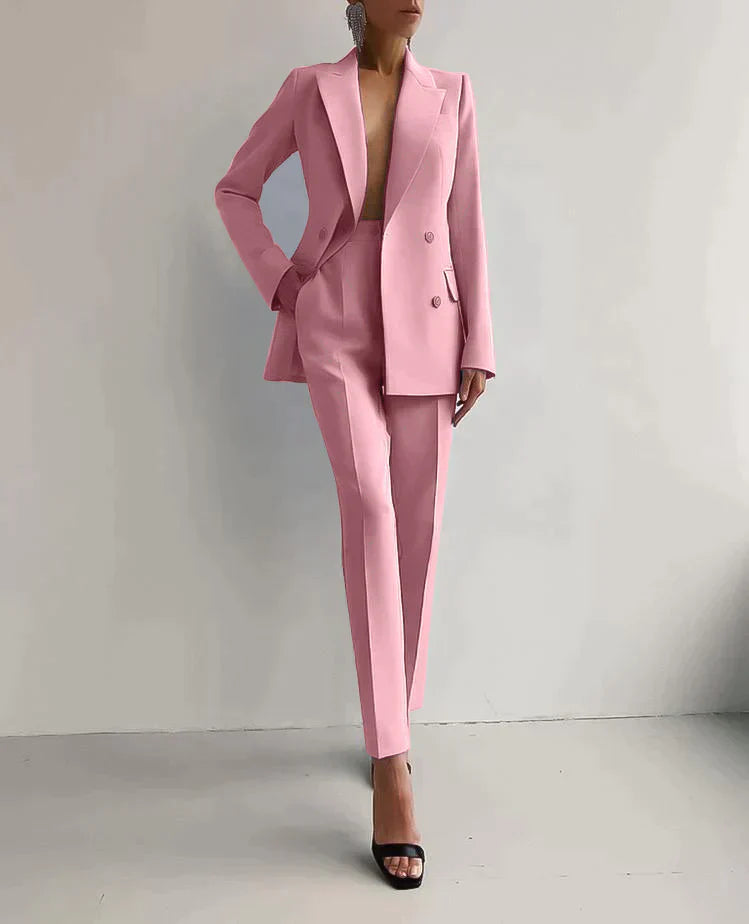 Variant image for Elegant Kvinders Blazer og Bukser Sæt - Skræddersyet Pasform, Dobbeltbrystet Design-11