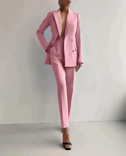 Variant image for Elegant Kvinders Blazer og Bukser Sæt - Skræddersyet Pasform, Dobbeltbrystet Design-11