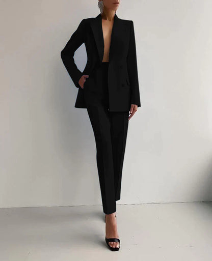 Variant image for Elegant Kvinders Blazer og Bukser Sæt - Skræddersyet Pasform, Dobbeltbrystet Design-6