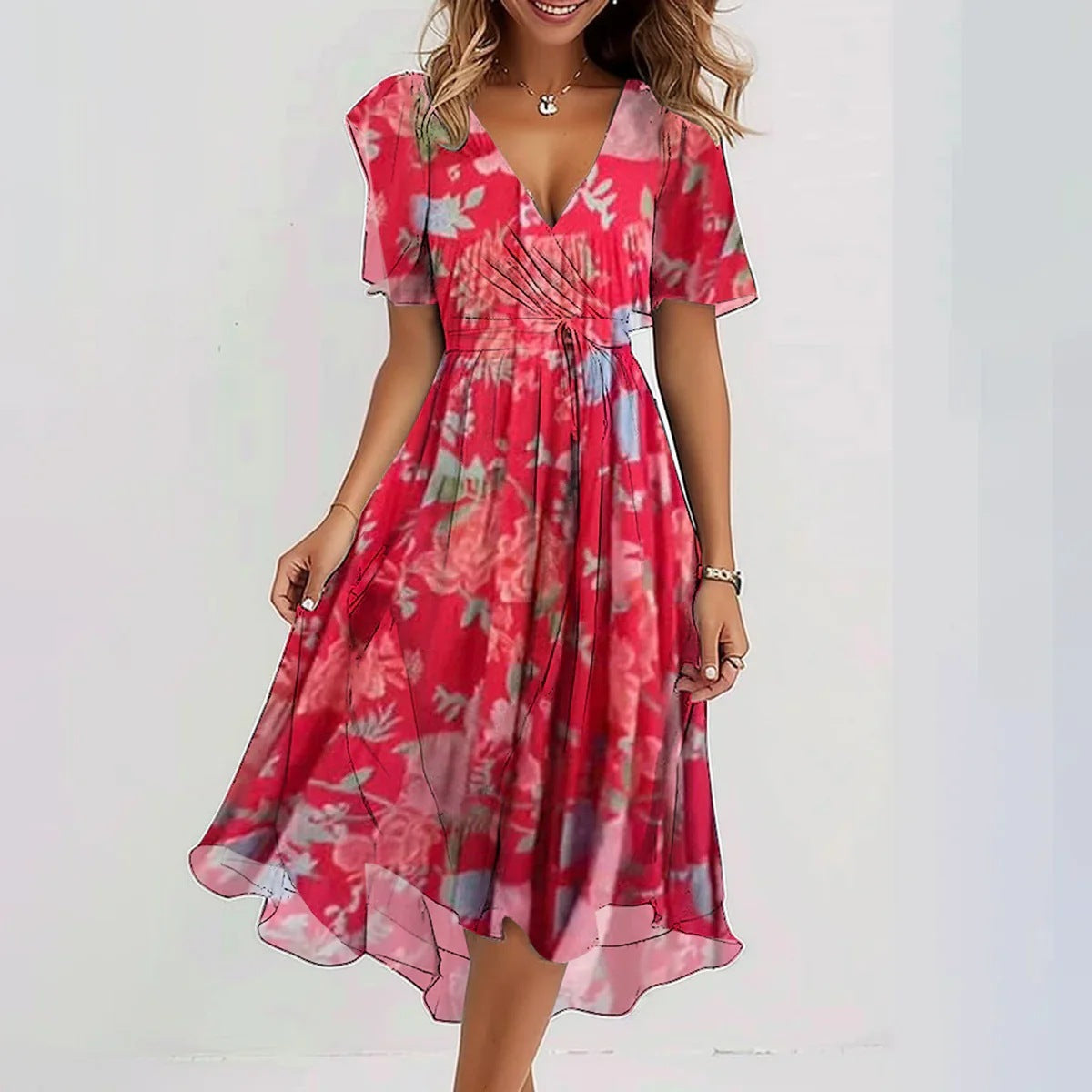Variant image for Linne - Elegant Floral Midi Kjole med Flatterende Pasform til Kvinder-25