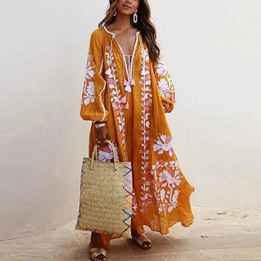 Boheme Blomster Maxi Kjole Med Lange Ærmer - Let Og Elegant Sommerlook-1