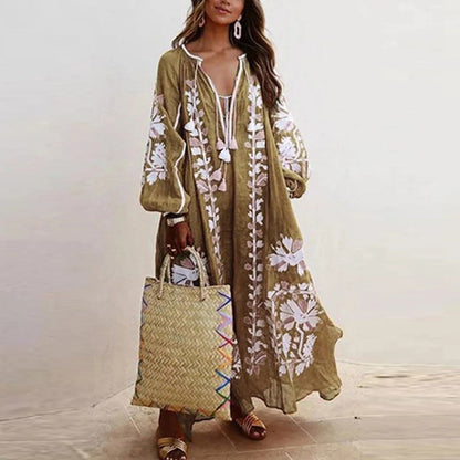 Boheme Blomster Maxi Kjole Med Lange Ærmer - Let Og Elegant Sommerlook-6