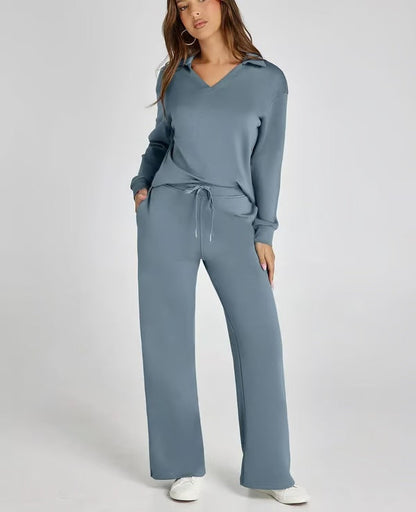 Variant image for Elegant Urban - Dames Lounge Sæt Med V-Hals Top Og Brede Bukser-5