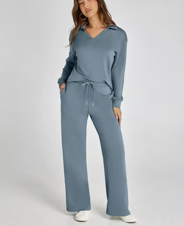 Variant image for Elegant Urban - Dames Lounge Sæt Med V-Hals Top Og Brede Bukser-1