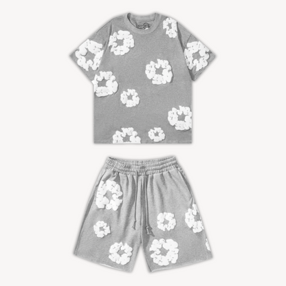 Thomas - Unisex Katoenen T-shirt og Shorts Sæt med Blomsterprint