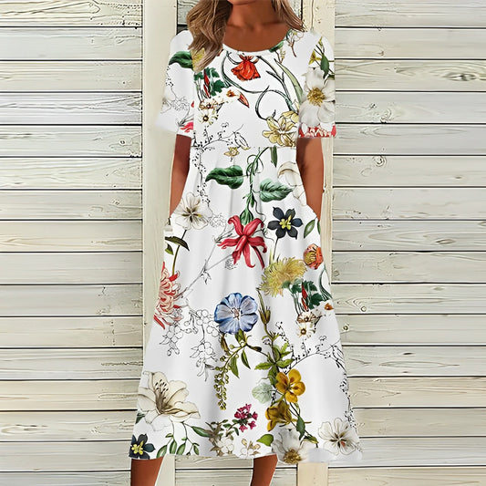 Blomsterprint A-line MIDI-kjole til Kvinder med Lommer og Korte Ærmer