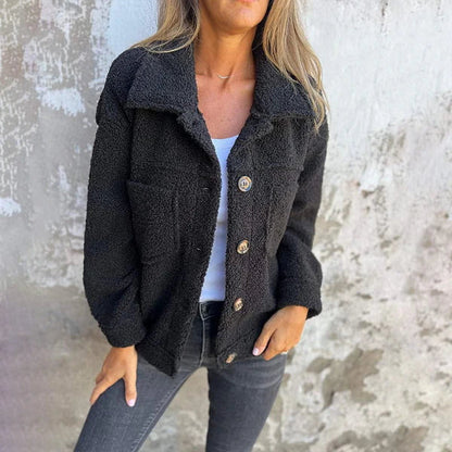 Filipa - Sort Uldjakke Dame Med Reversibel Hals og Dekorative Knapper